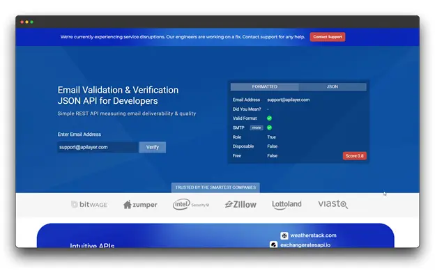 A screenshot of an email validation and verification JSON API for developers, showing an example of an email address verification and its results. Keywords: Email Verification APIs; Email Verification API; Improve Deliverability.