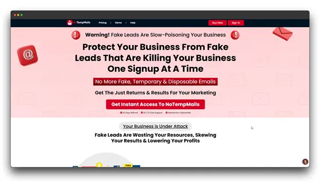 A screenshot of the NoTempMails website, a service that helps protect businesses from fake and temporary leads. Keywords: Email Verification APIs; Email Verification API; Improve Deliverability.