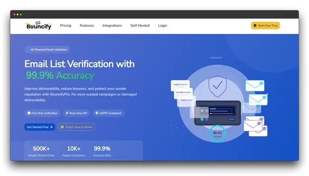 A screenshot of the Bouncify website, an AI-powered email list verification service with 99.9% accuracy. Keywords: Email Verification APIs; Email Verification API; Improve Deliverability.
