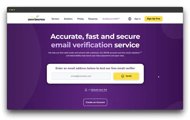 A screenshot of the ZeroBounce website, an email verification service with an input field to test their free email verifier. Keywords: Email Verification APIs; Email Verification API; Improve Deliverability.