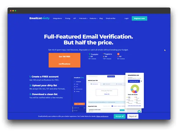 A screenshot of the EmailListVerify website, a full-featured email verification service offering 100 free verifications. Keywords: Email Verification APIs; Email Verification API; Improve Deliverability.