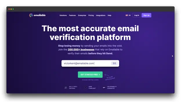 A screenshot of the Emailable website, an accurate email verification platform with a prominent call to action to get started for free. Keywords: Email Verification APIs; Email Verification API; Improve Deliverability.