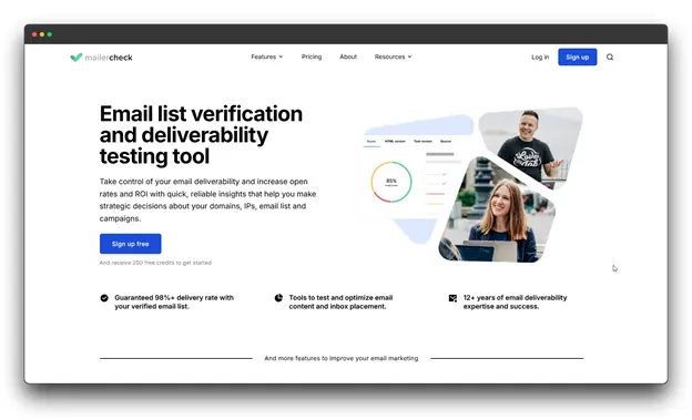 A screenshot of the MailerCheck website, an email list verification and deliverability testing tool. Keywords: Email Verification APIs; Email Verification API; Improve Deliverability.