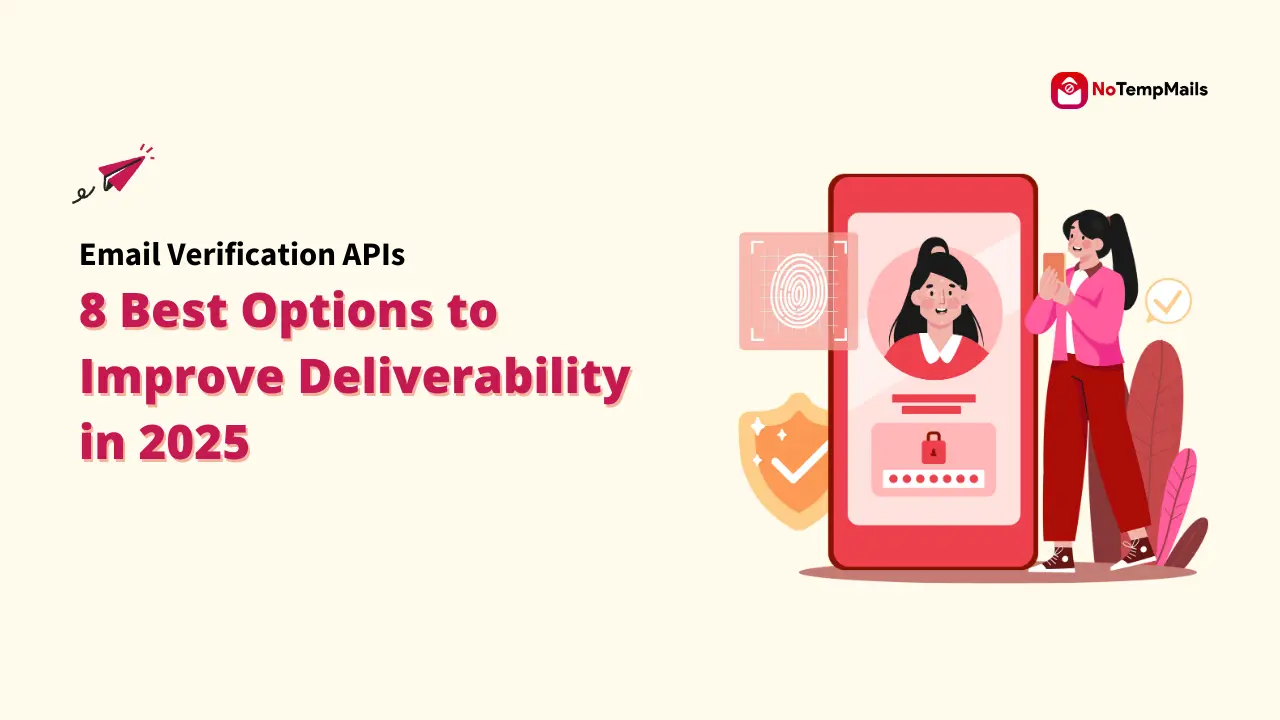 A woman holding a phone with a shield and a thumbprint icon, illustrating email verification APIs to improve deliverability. Keywords: Email Verification APIs; Email Verification API; Improve Deliverability.