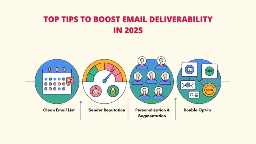 Alt text: An infographic showing four tips to boost email deliverability: Clean Email List, Sender Reputation, Personalization & Segmentation, and Double Opt-In. Keywords: Email Verification APIs; Email Verification API; Improve Deliverability.